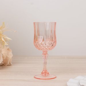 6-Pack Plastic Crystal Cut Wine Glasses 8oz, Transparent Blush - Shatterproof Cocktail Goblets